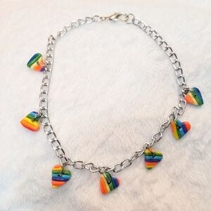 Handmade Clay Rainbow Hearts Necklace 16" choker Festival EDM